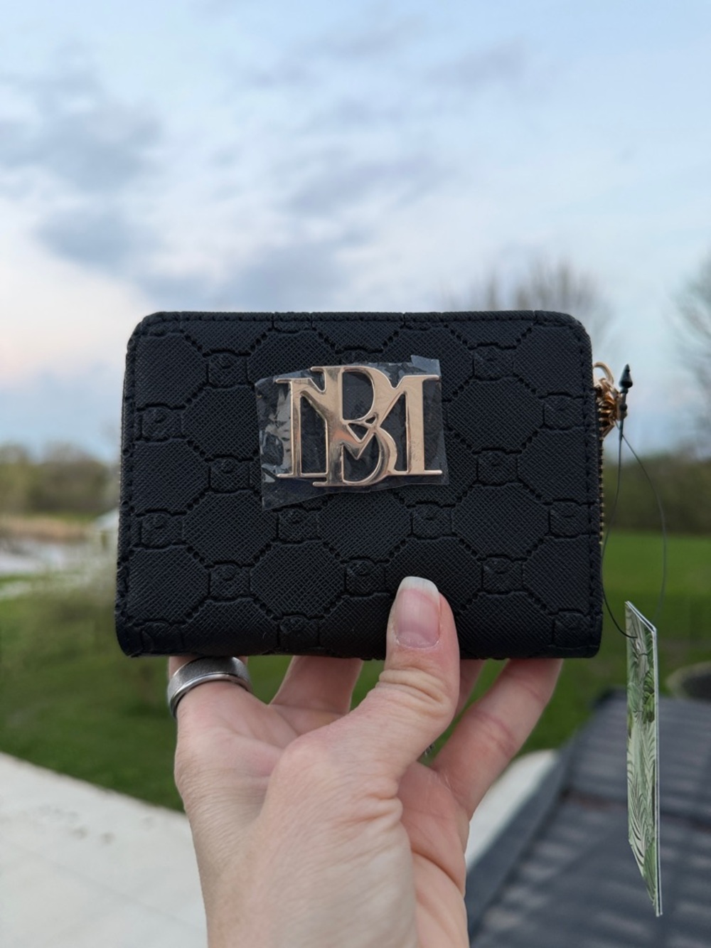 NWT Badgley Mischka Black Monogram Small Wallet with Gold Logo
